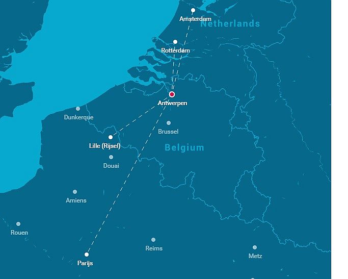 kaart OUIBUS verbindingen vanuit Antwerpen